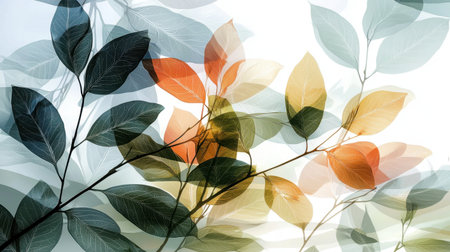 This image features a harmonious blend of leaves with soft colors and gentle layers, creating an artistic expression of nature's beauty and tranquility.の素材