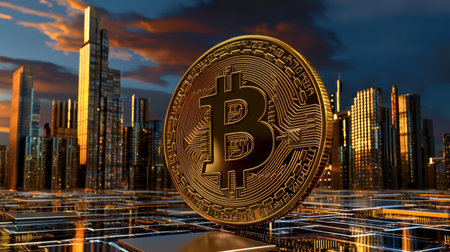 This striking image features a golden Bitcoin symbol set against a modern city skyline, illuminated at dusk, representing the intersection of finance and technology.の素材