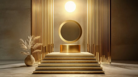 This stunning image features an elegant golden display with geometric shapes illuminated by soft lighting. Perfect for modern design inspiration and dの素材