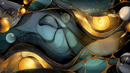 Explore an intricate abstract fluid art piece featuring colorful waves and golden accents. This modern design captivates with its dynamic shapes and textures.の素材