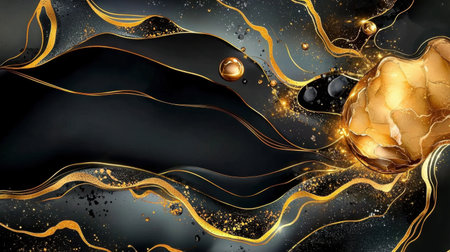 Stunning abstract design featuring flowing black and gold waves, creating a dynamic and elegant visual. Ideal for modern art prints or luxury branding.の素材