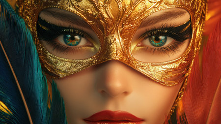 A stunning close-up portrait featuring an elegant masquerade mask adorned with colorful feathers. The mesmerizing eyes and intricate details embody beauty and mystique.の素材