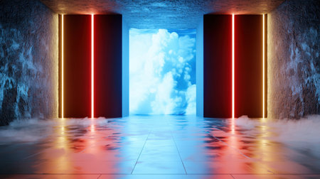 A mesmerizing futuristic hallway featuring neon lights in blue and red amidst a misty atmosphere, creating a surreal and dramatic ambiance perfect for creative projects.の素材