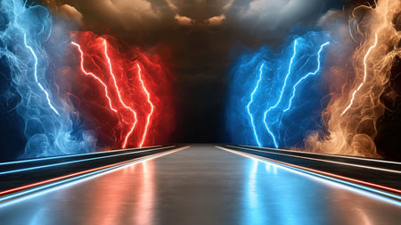 A striking visual of red and blue lightning emanating from an abstract background. This energetic composition showcases dynamic movement and vibrant colors.の素材