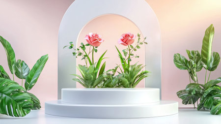 A beautifully arranged floral display featuring vibrant roses and lush green plants. Perfect for bringing elegance and freshness to any modern interior space.の素材