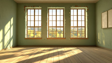 A bright and spacious empty room featuring three windows that allow natural light to pour in. The green walls create a calming atmosphere, perfect for various design ideas.の素材