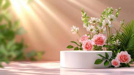 A stunning floral arrangement with delicate roses and white blooms, set on a round display against a soft pastel background, illuminated by warm sunlight.の素材