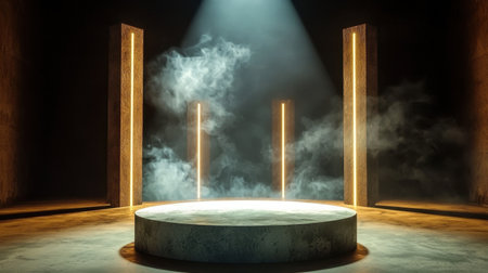 A captivating stage scene featuring a circular pedestal illuminated by dramatic spotlight and ethereal smoke, creating an intriguing atmosphere perfect for performances and creative showcases.の素材