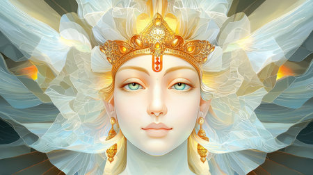 A stunning portrait of an ethereal queen, adorned with a golden crown and surrounded by angelic elements, radiating beauty and grace in a mystical atmosphere.の素材