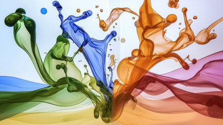 A stunning splash of vibrant colors creates a dynamic and artistic visual on a clean white background, showcasing energy and creativity in fluid motion.の素材