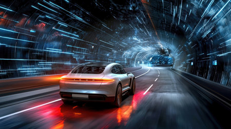 A sleek silver car races through a futuristic tunnel filled with vibrant neon lights, capturing the essence of speed and modern technology in an urban landscape.の素材