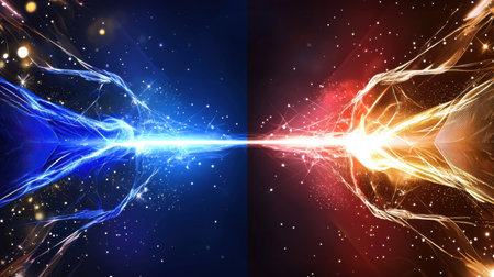 A captivating abstract representation of energy bursts in blue and orange, symbolizing dynamic contrast and vibrant movement, ideal for creative projects.の素材