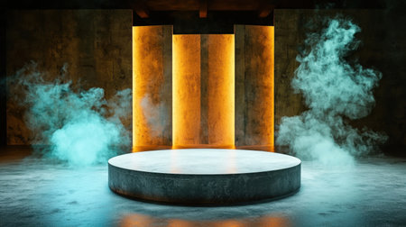 A modern stage setup featuring vibrant lighting and swirling fog, perfect for creative performances or exhibitions, evokes a captivating atmosphere for any event.の素材