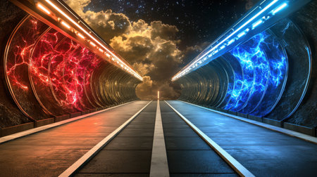 Explore a stunning futuristic tunnel illuminated by vibrant electric lights in blue and red. This visually striking scene evokes a sense of mystery and adventure.の素材