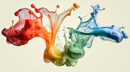A stunning visual of colorful paint splashing dynamically against a soft background. This piece captures the essence of creativity and fluid motion in art.の素材
