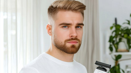 This image features a young man showcasing his grooming routine while holding a razor, embodying confidence and style in a modern indoor setting.の素材