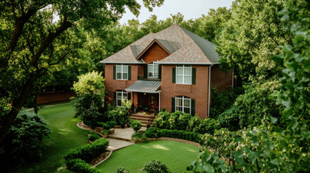 This stunning brick house features an inviting garden and lush trees, creating a serene environment perfect for family living and outdoor relaxation.の素材