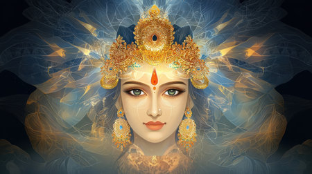 This stunning illustration features an ethereal goddess adorned with intricate jewelry and a majestic headdress, radiating beauty and wisdom.の素材