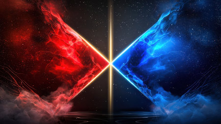 This captivating abstract artwork features a dynamic explosion of red and blue energy against a starry background, creating a vivid and exhilarating visual experience.の素材