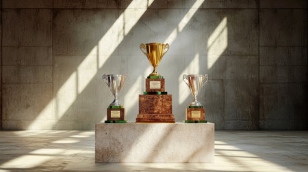 This image features three unique trophies resting on a marble base, illuminated by dramatic lighting. Ideal for themes of achievement, competition, and recognition.の素材