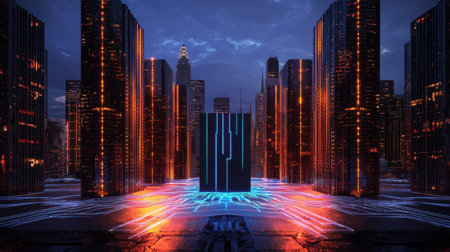 Explore a stunning futuristic cityscape featuring neon lights, glowing circuits, and towering skyscrapers. This striking scene captures the essence of advanced technology.の素材