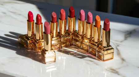 A stunning arrangement of vibrant lipstick shades displayed elegantly on a marble countertop, capturing the essence of beauty and fashion in a modern aesthetic.の素材