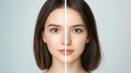This image offers a striking comparison of a natural portrait next to an enhanced look, showcasing beauty, makeup techniques, and expression variations.の素材