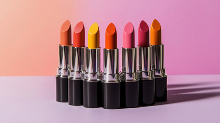 This visually appealing arrangement showcases a vibrant variety of lipsticks against a soft gradient background, perfect for beauty and cosmetics projects.の素材