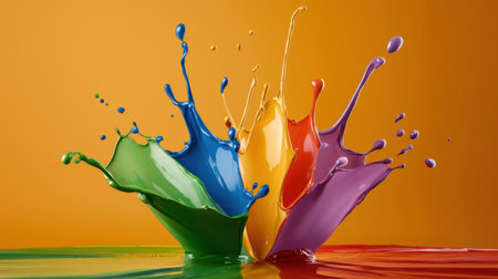 Experience a vibrant explosion of color with dynamic paint splashes against an orange background, showcasing creativity and artistic expression in motion.の素材