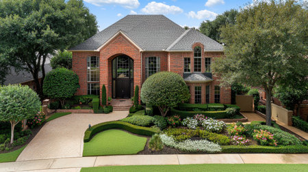 Stunning elegant brick home featuring lush greenery and vibrant flowers, showcasing impeccable landscaping in a peaceful residential neighborhood under a blue sky.の素材