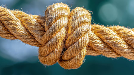 Close-up view of a carefully tied natural fiber rope knot, showcasing intricate detail and texture against a soft, blurred background, emphasizing craftsmanship and utility.の素材