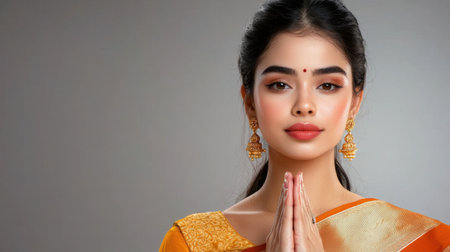 Close-up portrait of a beautiful young woman in traditional attire, gracefully posing with hands in a prayer gesture, showcasing elegance and serenity in a studio setting.の素材