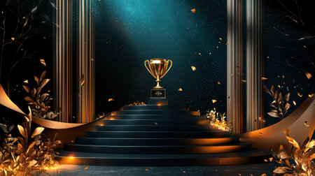 A stunning golden trophy placed on an elegant stage, surrounded by decorative elements and illuminated by dramatic lighting, symbolizing achievement and success.の素材
