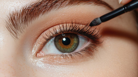 A close-up view of a woman applying eye makeup with a brush, showcasing the beauty of the eyelid. The image highlights details of the eye and enhanced features.の素材
