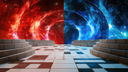 This captivating image features a futuristic space portal with vibrant red and blue cosmic backgrounds, creating a surreal and artistic atmosphere. Perfect for digital projects.の素材