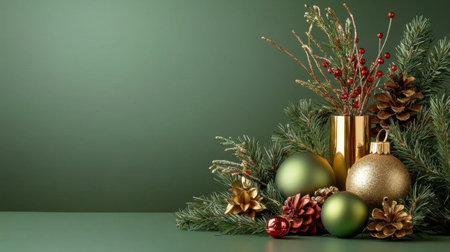 A beautiful arrangement featuring pine greenery, gold and green ornaments, and festive berries, perfect for holiday decor and seasonal celebrations.の素材