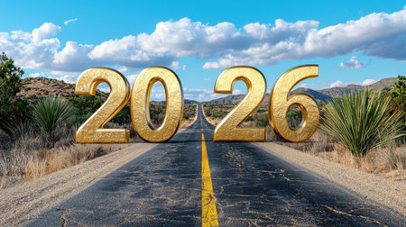 A captivating scene featuring bold golden numbers 2026 on an open desert road, symbolizing journey and aspirations ahead, under a vast blue sky adorned with clouds.の素材