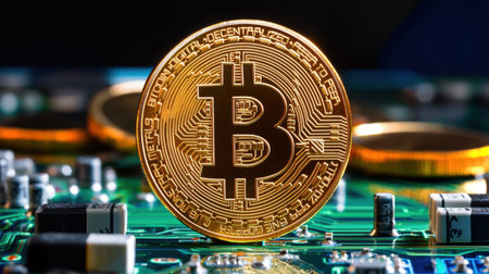 A striking image of a golden Bitcoin coin set against a colorful circuit board background, symbolizing the intersection of finance and technology in the digital age.の素材