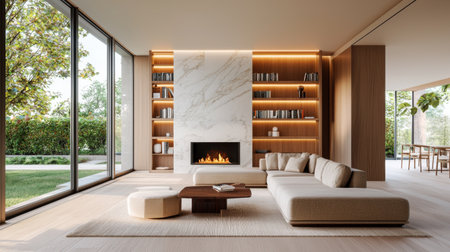 Bright and airy modern minimalist living room featuring a cozy fireplace, natural light, and elegant furniture. Ideal for relaxation and stylish decor.の素材