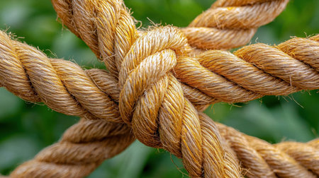 A detailed close-up of a beautifully tied natural fiber rope knot, showcasing texture and craftsmanship against a vibrant green backdrop, perfect for illustrating connectivity and strength.の素材