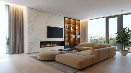 A stylish and modern living room featuring a cozy sectional sofa, wall-mounted television, marble wall accents, and stunning natural light from large windows, creating an inviting atmosphere.の素材