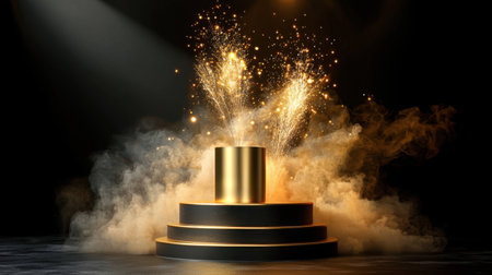 Stunning golden podium surrounded by vibrant fireworks and deep smoke creates a captivating atmosphere ideal for celebrations, awards, and special events.の素材