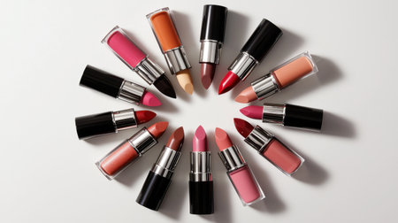 A dazzling array of lipsticks in various shades showcases the vibrant beauty options available. Perfect for makeup enthusiasts and fashion lovers alike.の素材