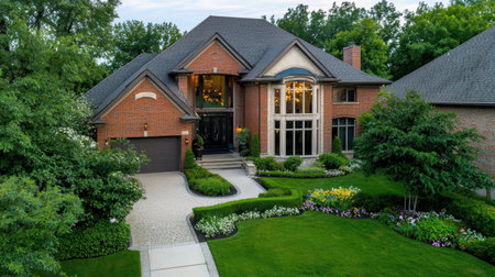 Beautiful suburban home featuring an elegant brick facade, lush landscaping, and colorful flowers. An inviting entrance showcases a charming environment.の素材