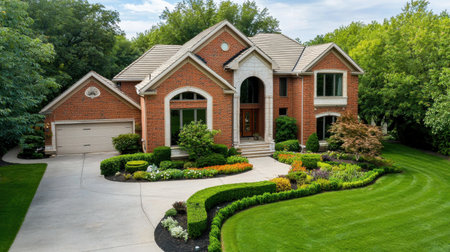 Discover a stunning red brick home nestled in a vibrant green landscape, featuring a beautifully designed entrance, manicured gardens, and a serene atmosphere.の素材