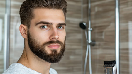 A young man with a well-groomed beard stands confidently in a stylish shower, holding a hair clipper. He embodies modern grooming and self-care practices.の素材