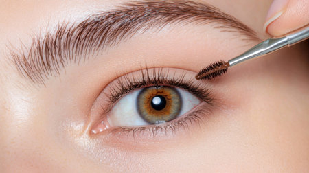 This close-up image features an eye being enhanced with an eyebrow brush, highlighting beauty and makeup artistry. The focus emphasizes details and texture.の素材