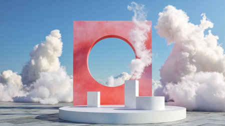 A vibrant abstract scene featuring geometric shapes and colorful clouds in the sky. This creative composition showcases minimalism and modern design elements, ideal for art projects.の素材