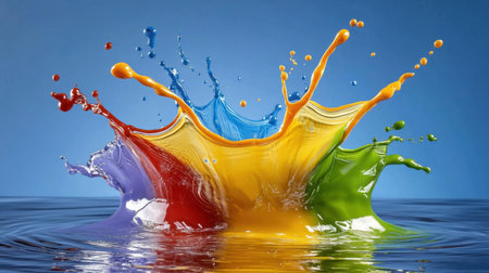 A striking image of vibrant paint splashes in a serene blue background. The colorful liquid creates a dynamic scene, perfect for artistic projects or visual inspiration.の素材