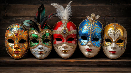 This image showcases an array of colorful decorative masks highlighted against a rustic wooden backdrop. Each mask features intricate designs and vibrant colors, capturing the essence of festive celebrations.の素材